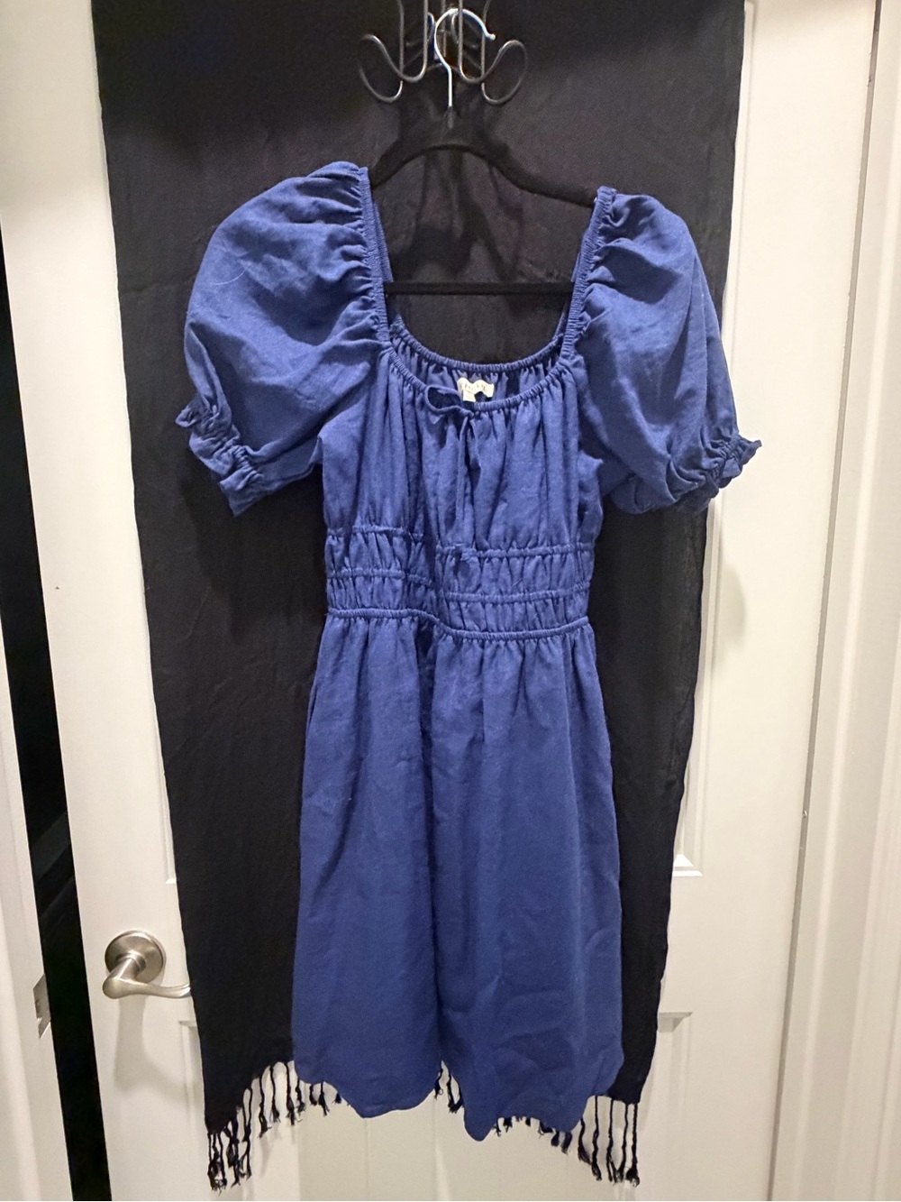 Blue Puff-Sleeve Smocked Casual Dress by